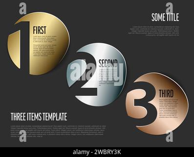 Golden silver and bronze metallic circle labels with big numbers as steps positions or options. Simple metallic infographic with three elements on dar Stock Vector