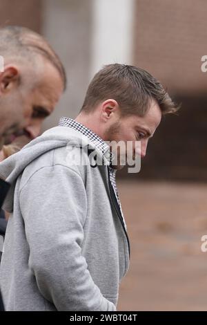 Sam Phillips, the father of Alfie Phillips, leaving Maidstone Crown Court, Kent, after Sian Hedges and her former partner Jack Benham and were jailed for life with a minimum term of 19 and 23 years respectively for the murder of her 18-month-old son Alfie in a caravan in 2020. Alfie suffered 70 injuries to his body in the the whisky and cocaine-fuelled overnight attack by Hedges and Benham in his caravan in Hernhill, Kent. Picture date: Friday January 12, 2024. Stock Photo