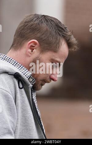 Sam Phillips, the father of Alfie Phillips, leaving Maidstone Crown Court, Kent, after Sian Hedges and her former partner Jack Benham and were jailed for life with a minimum term of 19 and 23 years respectively for the murder of her 18-month-old son Alfie in a caravan in 2020. Alfie suffered 70 injuries to his body in the the whisky and cocaine-fuelled overnight attack by Hedges and Benham in his caravan in Hernhill, Kent. Picture date: Friday January 12, 2024. Stock Photo