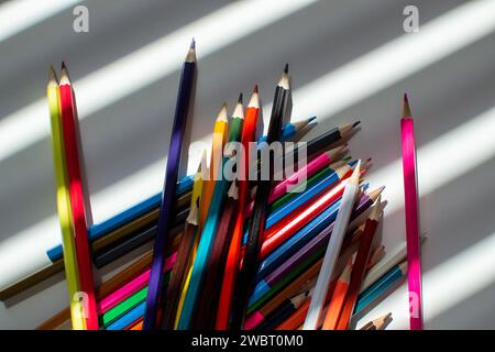 colored pencils, pencil set, pencils and sun shade Stock Photo