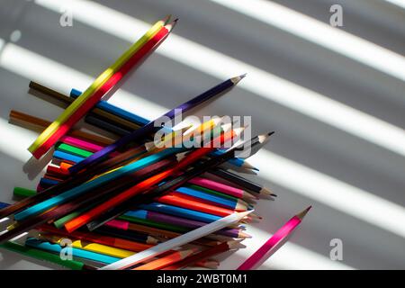 colored pencils, pencil set, pencils and sun shade Stock Photo