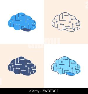 Artificial intelligence icon set in flat and line style. Digital self learning technology concept. Vector illustration. Stock Vector