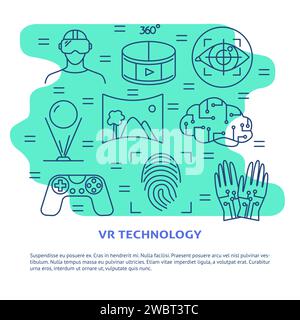 Virtual reality concept banner template in line style. Modern computer technology symbols. Vector illustration with place for text. Stock Vector