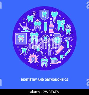 Dentistry and orthodontics round concept banner in colored line style. Teeth care and stomatology symbols. Medical background with place for text. Vec Stock Vector