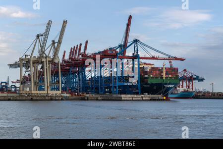 HAMBURG, GERMANY - AUGUST 23, 2023: Container ship HMM Le Havre in the port of Hamburg on August 23, 2023 in Germany Stock Photo