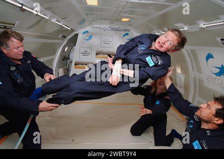FLORIDA, USA - 26 April 2007 - Noted physicist Stephen Hawking (center) enjoys zero gravity during a flight aboard a modified Boeing 727 aircraft owne Stock Photo