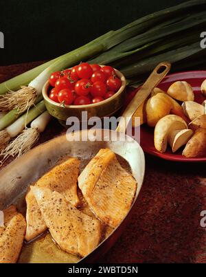 Fish Fillet Cooked in Pan with tomato and mushrooms - Side view Stock Photo