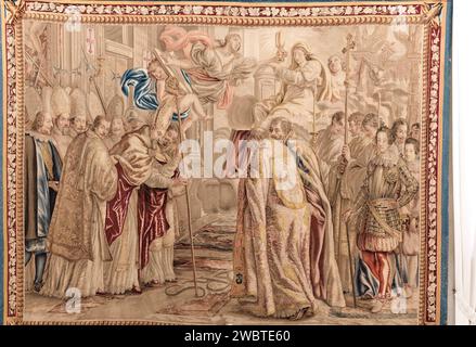 Pope Urban VIII consecrates St Peter's basilica; tapestry in the Galleria degli Arazzi, Vatican museum, Rome, Italy. Stock Photo