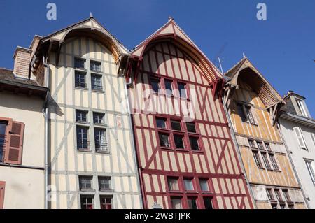 These colourful half-timbered medieval houses are at n° 40, 42 and 44 rue Georges Clemenceau in the historic city centre of Troyes, France. Stock Photo