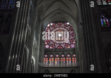 The rose window of the south transept of the Gothic St Peter and St Paul cathedral in Troyes, France. Stock Photo