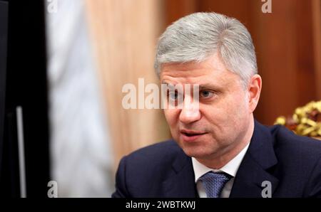 Oleg Belozerov, Russia. 12th Jan, 2024. Russian Railways CEO Oleg Belozerov reports to Russian President Vladimir Putin during a face-to-face meeting at the Kremlin, January 12, 2024 in Moscow, Russia. Credit: Gavriil Grigorov/Kremlin Pool/Alamy Live News Stock Photo