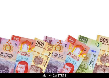 Various denominations of Mexican money, such as 500, 200, 100, 50, 20 peso national cash Stock Photo