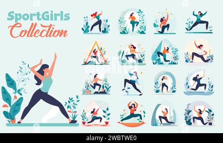 Set of young womans doing fitness. Vector illustration of sport girls. Stock Vector