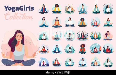 Set of young womans doing yoga. Vector illustration of sport girls. Stock Vector