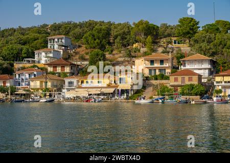 Fishing boats moored in the harbour of Vathi on the island of Meganisi in the Ionian Sea Stock Photo