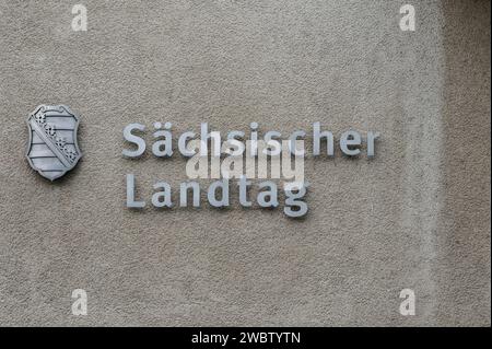 Dresden, Germany. 18th Dec, 2023. The inscription 'Sächsischer Landtag' is on the façade of the building. Credit: Heiko Rebsch/dpa/Alamy Live News Stock Photo