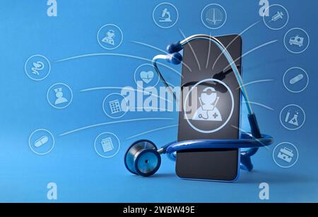 Healthcare concept with smartphone and stethoscope around with image of doctor and icons around different medical activities. Front view. Stock Photo