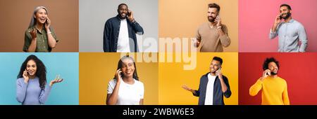 Collage of people engaged in a phone conversation. The concept of connectivity, communication, or customer service, highlighting the ubiquity of mobile technology in everyday life Stock Photo