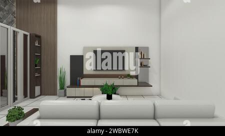 Contemporary Living Room Design with Wooden Tv Cabinet Stock Photo