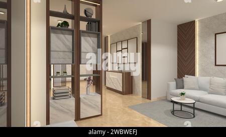 Modern Living Room Interior Design with Wooden Divider Partition Cabinet Stock Photo