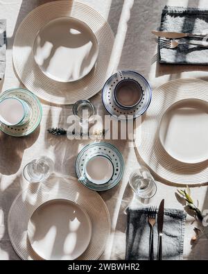 A beautifully set table with a typical cozy Italian breakfast table Stock Photo