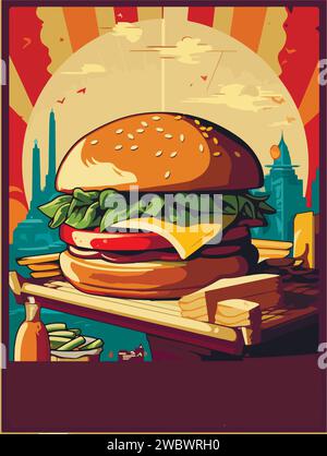 Hamburger poster. Old style poster art. Big burger on retro style. Fast food menu vector cover design. Space for text. Stock Vector