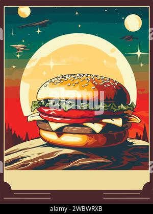 Hamburger poster. Old style poster art. Big burger on retro style. Fast food menu vector cover design. Space for text. Stock Vector