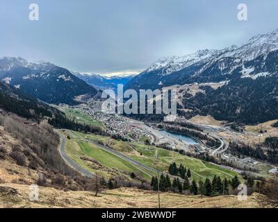 Aerial view of Airolo village in the Swiss Alps, from the Gotthard Pass, Switzerland Stock Photo