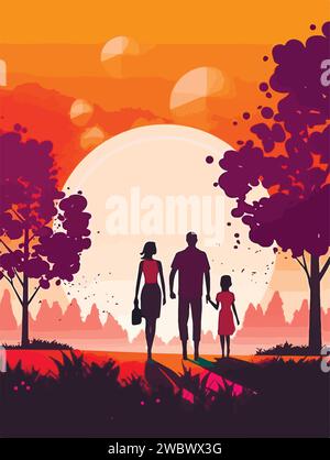 Happy family walking in park. Poster in retro style. Vector illustration. Stock Vector