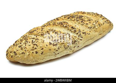 Whole bread bun covered with seeds and oats  isolated on white background Stock Photo