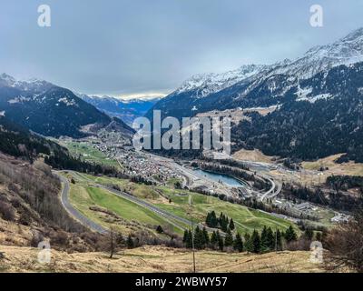 Aerial view of Airolo village in the Swiss Alps, from the Gotthard Pass, Switzerland Stock Photo