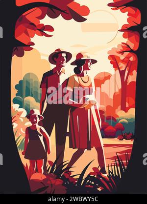 Happy family walking in park. Poster in retro style. Vector illustration. Stock Vector