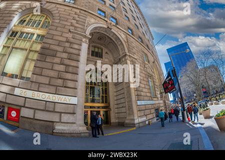 NEW YORK, USA - MARCH 9, 2020: Building of New York Film Academy - School of Film and Acting (NYFA), on 26 Broadway, Manhattan. Stock Photo