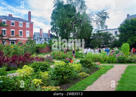 Salem, Massachusetts. August 23, 2019.  People within the garden at the historic Ropes Mansion and Museum in Salem Massachusetts on a summer day. Stock Photo