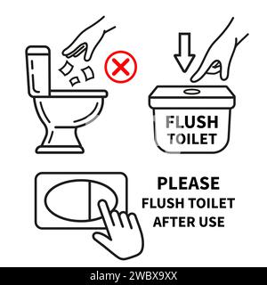 Flush water in toilet after use, do not throw trash paper in restroom bowl line icon set. Hand press button lavatory tank for sanitary clean. Vector Stock Vector