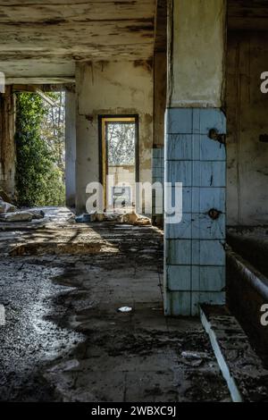 Interior of an abandoned and half-ruined building with dilapidated wooden doors and windows that open onto an area with lots of vegetation Stock Photo