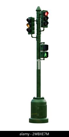 City traffic light old vintage, traffic controller with glowing signals on a white background isolate. Perspective view. 3D render. Stock Photo