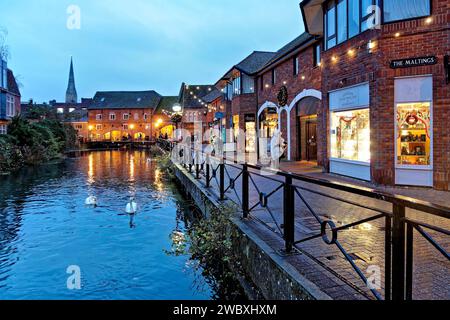 Salisbury, Wiltshire, UK - December 12 2021: The Maltings Shopping Centre and River Avon at dusk in Salisbury, Wiltshire, England, UK Stock Photo