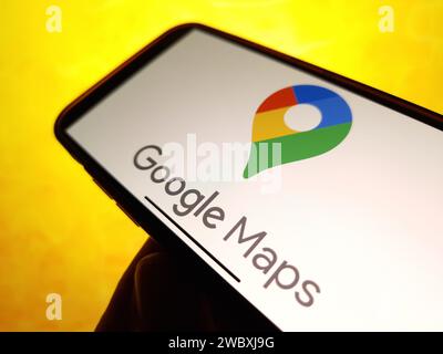 Konskie, Poland - January 12, 2024: Google Maps logo displayed on mobile phone screen Stock Photo