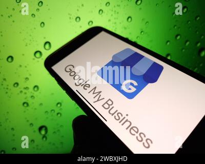 Konskie, Poland - January 12, 2024: Google My Business logo displayed on mobile phone screen Stock Photo