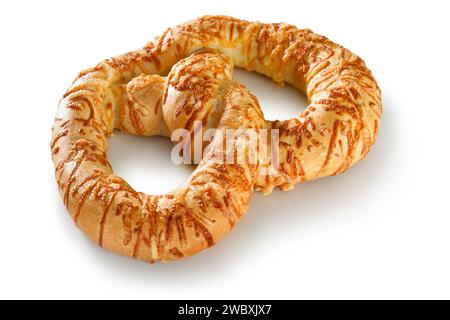 Mouthwatering image featuring a fresh and delicious bagel topped with savory cheese, presented on a clean, white background. this appetizing compositi Stock Photo
