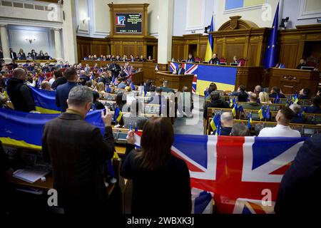 Kiev, Ukraine. 12th Jan, 2024. British Prime Minister Rishi Sunak addresses the Verkhovna Rada, the parliament of Ukraine, January 12, 2024 in Kiev, Ukraine. Sunak announced the United Kingdom would provide Ukraine with more than $3 billion in additional military aid and future security guarantees. Credit: Ukraine Presidency/Ukrainian Presidential Press Office/Alamy Live News Stock Photo