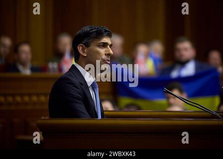 Kiev, Ukraine. 12th Jan, 2024. British Prime Minister Rishi Sunak addresses the Verkhovna Rada, the parliament of Ukraine, January 12, 2024 in Kiev, Ukraine. Sunak announced the United Kingdom would provide Ukraine with more than $3 billion in additional military aid and future security guarantees. Credit: Ukraine Presidency/Ukrainian Presidential Press Office/Alamy Live News Stock Photo