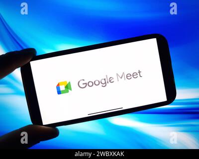 Konskie, Poland - January 12, 2024: Google Meet logo displayed on mobile phone screen Stock Photo