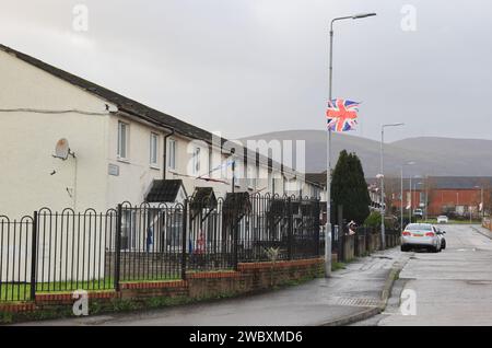 Union Jacks flying on the Lower Shankill estate, in the Loyalist Unionist side of Belfast, NI, UK Stock Photo