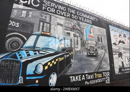 Street mural for Black Cab taxi tours on the Falls Road area, in West Belfast, made famous as a Nationalist and Republican area for the Catholics, NI, Stock Photo