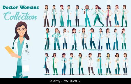 Young beautiful vector doctor woman figures collection. Set of vector girls. Stock Vector