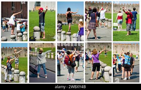 people of every age in Pisa, Italy, posing for the camera, doing as if to support the Leaning Tower, Pisa, Tuscany, Italy Stock Photo