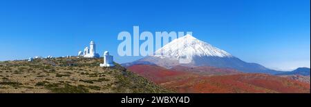 panoramic, panorama  view of  Teide Observatory and Mount Teide, blue sky, fine weather, Tenerife, Canary Islands, Spain, Europe Stock Photo