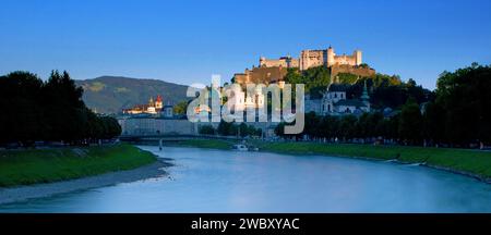 fortress castle Hohensalzburg while sunset, above river Salzach in Salzburg, Austria, Europe Stock Photo